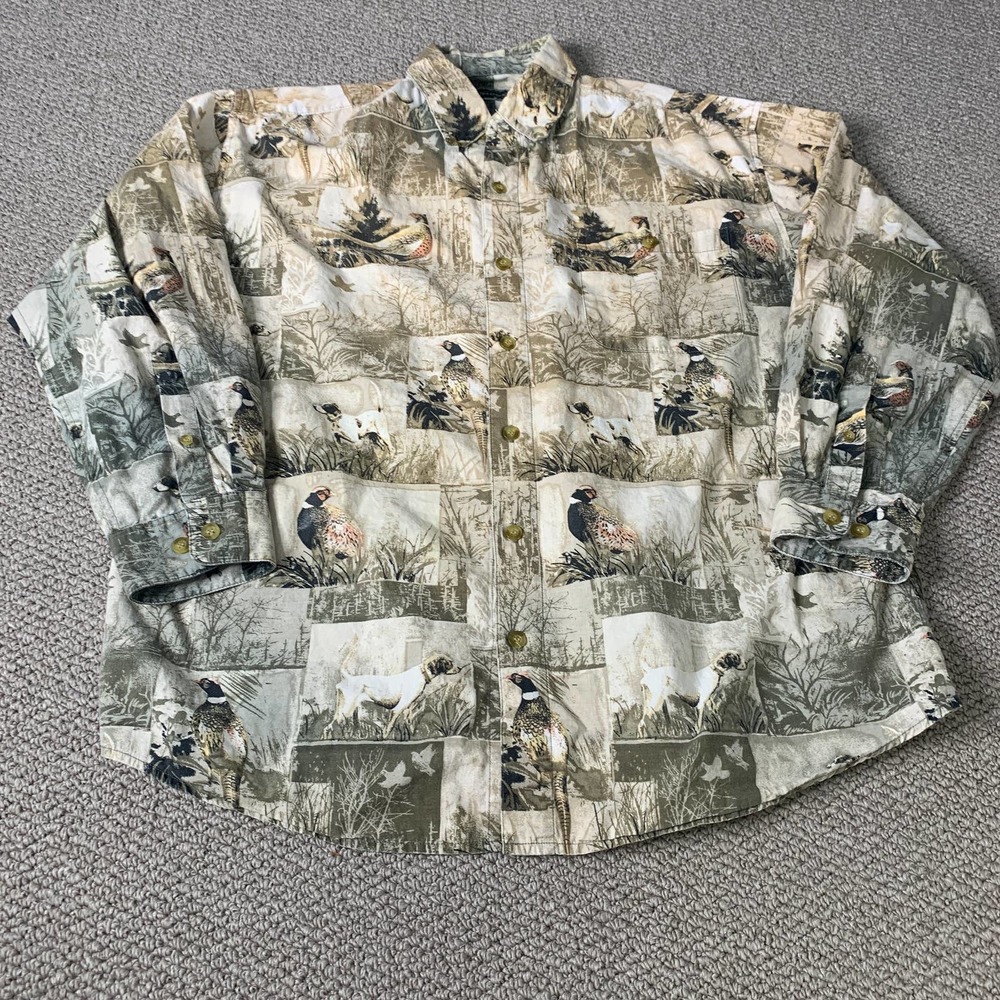 Field & Stream Mens Shirt Size Large Beige Animal Print Button Outdoor Hunting
